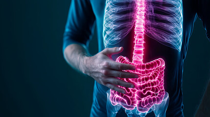 image depicts human torso with glowing representation of skeletal and digestive systems, showcasing spine and intestines