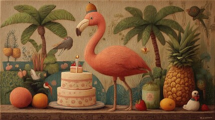 Obraz premium Pink Flamingo Birthday Tapestry with Cake and Tropical Fruits