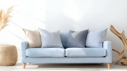 A light blue sofa with various colored cushions, a woven basket, and driftwood decor against a bright wall. Concept Light Blue Sofa, Colorful Cushions, Woven Basket, Driftwood Decor, Bright Wall