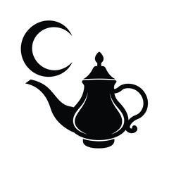 Silhouette of a magic lamp and crescent moon.
