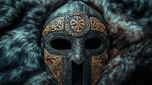 Detailed close-up of an intricately crafted Viking helmet atop a bed of fur