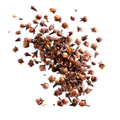 Fototapeta premium Dry chopped cloves flying, Syzygium aromaticum, isolated on white --v 7.0