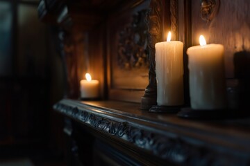 Burning white candles creating a warm atmosphere on an antique carved wooden furniture in a dark room