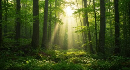 Obraz premium Forest with sunlight beams, Photo