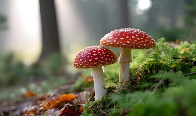 A poisonous mushroom with a red cap and white spots that grows close to the spring forest. Generative AI