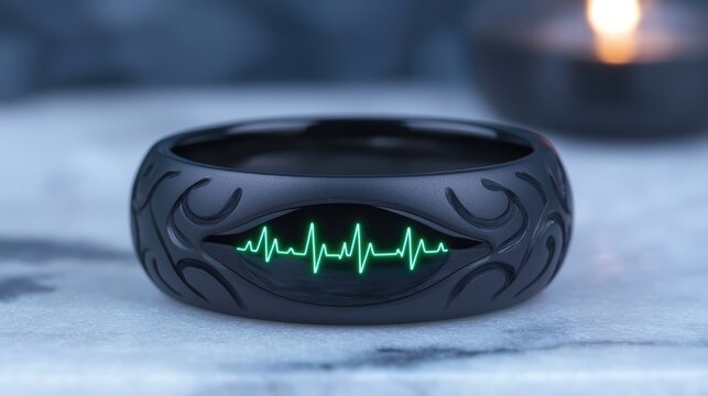 Dark ring with glowing heartbeat graphic