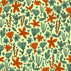 Seamless Hand Drawn Flowers and Leaves Pattern with Warm Earthy Colors