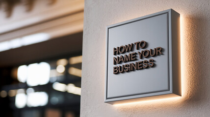 Illuminated square sign on wall, displaying "How to name your business" in raised lettering, suggesting guidance and branding advice for entrepreneurs