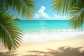 Tropical beach scene clear turquoise waves gently hitting the shore lush green palm leaves in the foreground golden sand sunny