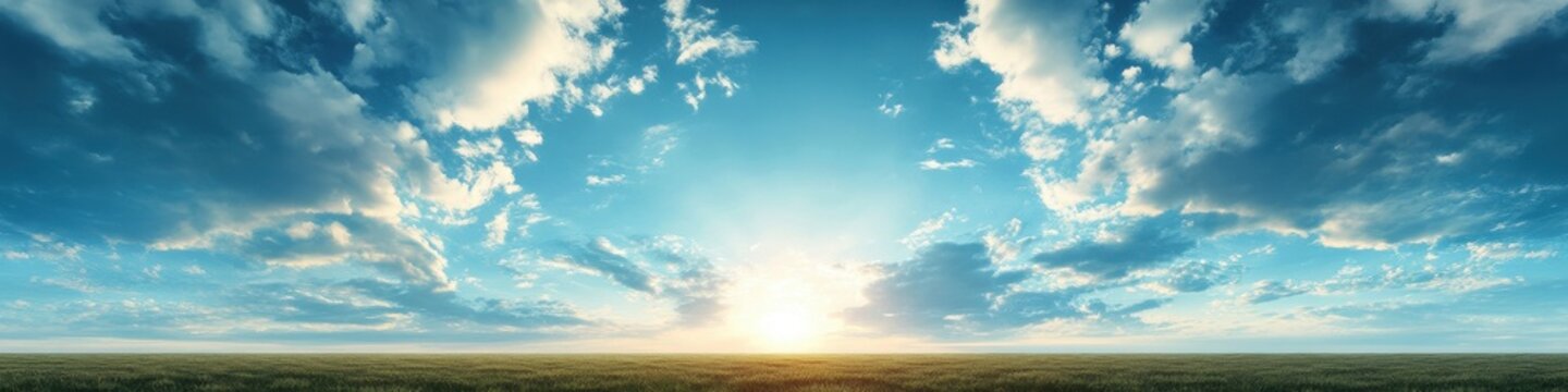 A gently rolling landscape of green fields under a radiant blue sky. The fluffy clouds add interest while leaving a wide-open space for text placement.