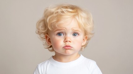 Naklejka premium Portrait of a thoughtful toddler. A young child with a thoughtful expression, light blonde curly hair, and big blue eyes