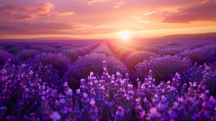 A breathtaking view of a lavender field stretching into the distance under a golden sunset sky, peaceful and fragrant, soft purple tones, high-definition,