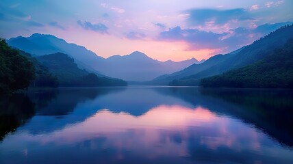A calm lake surrounded by lush green mountains at twilight, the water reflecting the pastel hues of the sunset sky, peaceful and serene, high-definition
