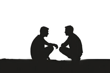 Two Men in Silhouette Sitting and Facing Each Other. Deep Conversation, Emotional. Connection, and Communication. Minimalist Scene with Contrast and Human Interaction.