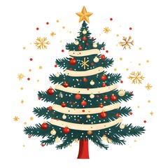 A beautifully decorated Christmas tree with red and gold ornaments, ribbons, and snowflakes on a white background.