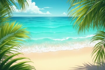 Fototapeta premium Tropical beach scene clear turquoise waves gently hitting the shore lush green palm leaves in the foreground golden sand sunny
