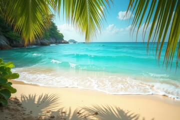 Obraz premium Tropical beach scene clear turquoise waves gently hitting the shore lush green palm leaves in the foreground golden sand sunny