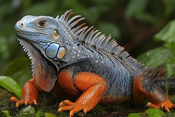 Obraz premium Majestic Iguana Portrait with Detailed Scales and Vibrant Colors in Nature