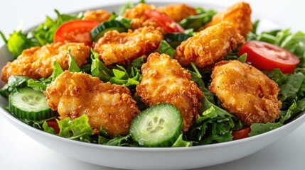 Fototapeta premium Crispy Chicken Salad Delight: A picture of a delicious and healthy salad with crispy chicken tenders, fresh cucumbers, and juicy tomatoes.
