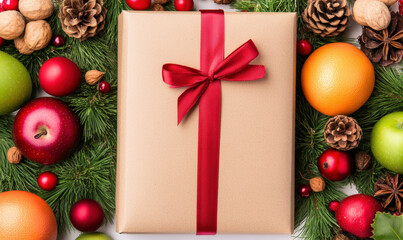 Festive Christmas Gift Surrounded by Colorful Fruits and Decorative Elements on Green Foliage for Holiday Celebrations and Seasonal Joy