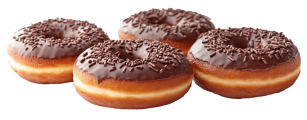 Sweet indulgence with three delicious doughnuts featuring colorful glaze, sprinkles, and rich chocolate on a bright white backdrop