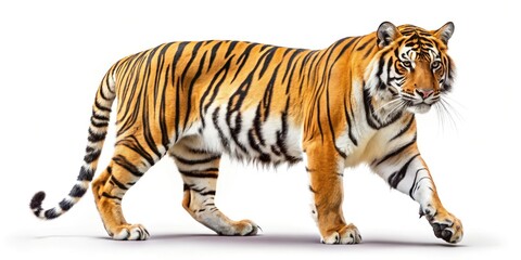 Obraz premium Majestic Tiger Side Profile, White Background, Fashion Photography, Wildlife, Animal Print, Big Cat, Elegant, Powerful, Wild, Nature