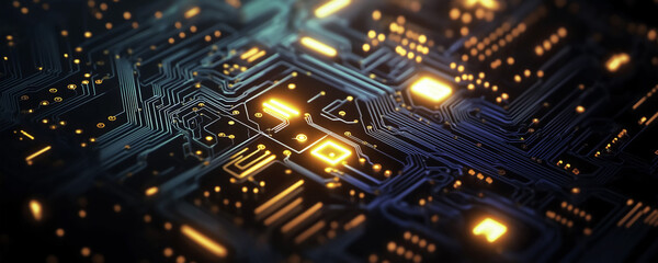 Obraz premium A futuristic motherboard visualization showing complex electronic circuitry. Golden light emanates from nodes and pathways, symbolizing processing power or energy flow.