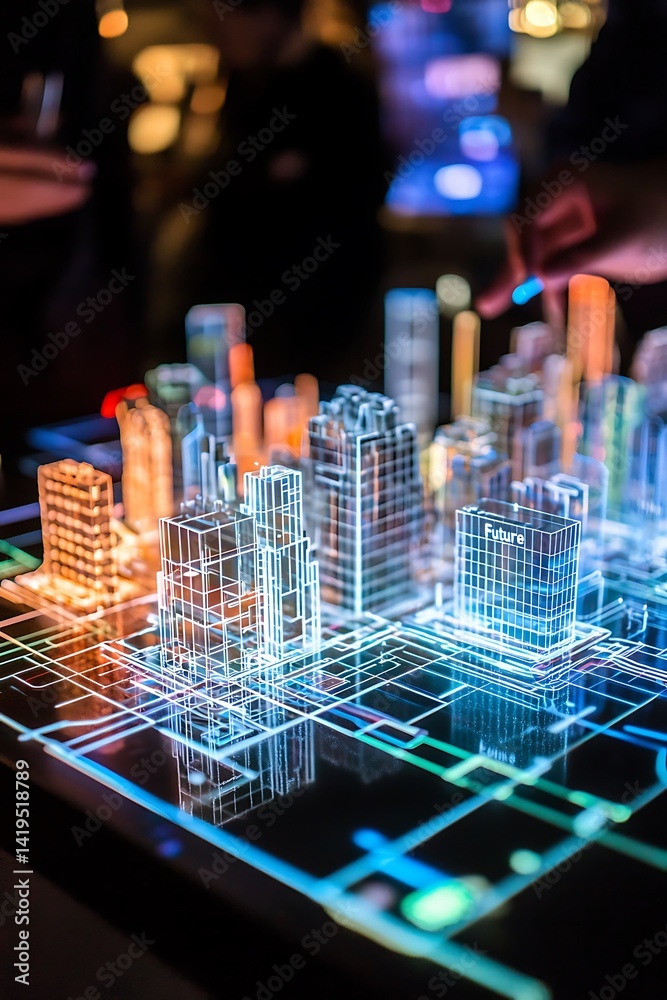 Wall mural a city model is displayed on a table with a person pointing at it