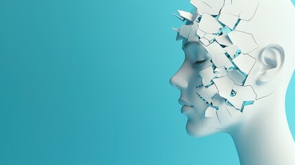 Anhedonia concept. Digital art depicting a head fragmented by shards of material.