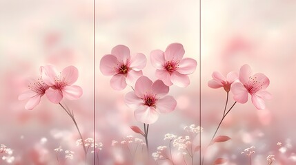 Fototapeta premium Delicate pink cherry blossoms gracefully bloom in a soft light dreamy pastel floral triptych wall art print.