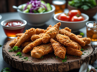 Crispy Fried Chicken Tenders on Rustic Wooden Board with Golden Breading.