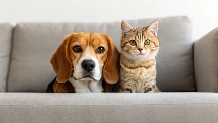 Dog and cat sitting together on a couch, showcasing friendship and companionship.