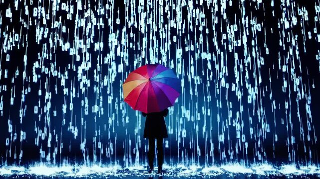 Person holding colorful umbrella under heavy digital rain, symbolizes information overload