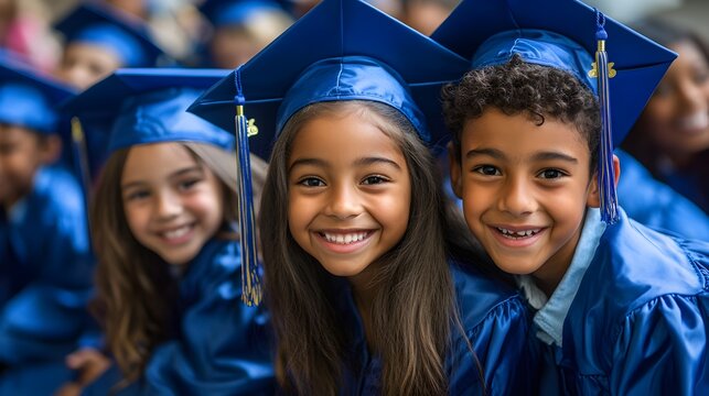 Happy diverse elementary school children in blue graduation gowns smile for a celebratory portrait photo. - Powered by Adobe