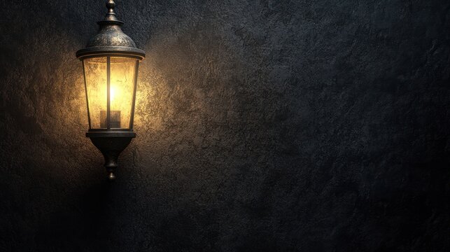 Illuminated vintage lantern on dark wall
