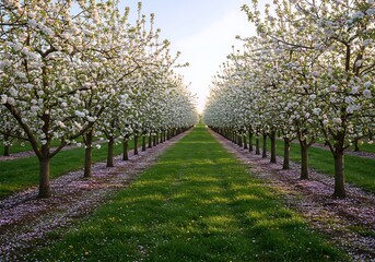 Naklejka premium Delicate white blossoms adorn rows of apple trees in a spring orchard, creating a picturesque pathway lined with soft grass and scattered petals illuminated by sunlight