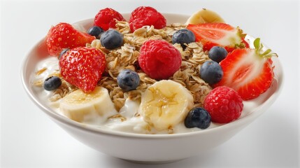 A delightful close-up shot of a bowl of healthy breakfast cereal with fresh fruits, a perfect blend of nutrition and flavor. The cereal is topped with a colorful assortment of berries and bananas