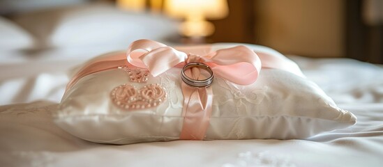 Elegance captured, wedding rings on a pillow with a delicate pink bow