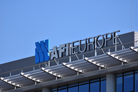 AFI Europe company logo, emblem, signage on the facade. Real estate development and investment company. WARSAW, POLAND - APRIL 13, 2025