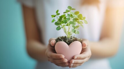Gentle hands hold a heart-shaped pot with a small sprout.