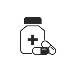 Medical pills bottle icon. Medicine capsule linear pictogram. Bottle of vitamins for healthcare and nutrition vector icon. Pill Symbol.
