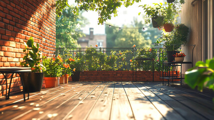 Fototapeta premium Modern rooftop terrace panorama with dark wood deck flooring, lush plants, brick fence, and sleek black garden furniture. Stylish outdoor living space design 