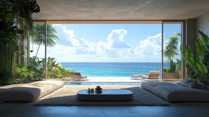 Fototapeta premium Tropical oasis: Luxurious beachfront living with ocean views and lush vegetation