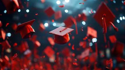 Red graduation caps joyfully soar through the air above a chee crowd celebrating academic achievement and success.