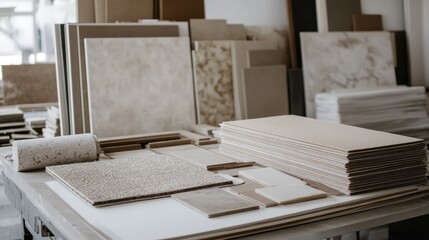 Home office with planning boards and samples of materials for future renovations and workspace improvements
