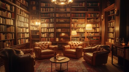 A well stocked home library with leather chairs abounds