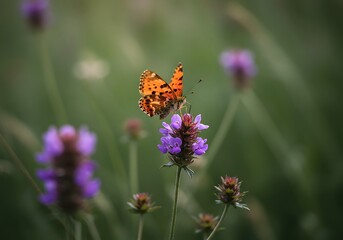 Obraz premium A bright orange butterfly delicately lands on a purple wildflower in a lush green meadow during spring