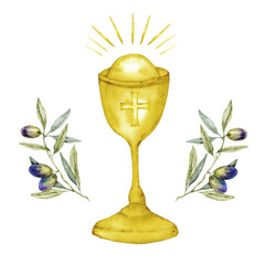 Chalice wit olive branches. Watercolor composition with catholic religious symbols. Isolated on...
