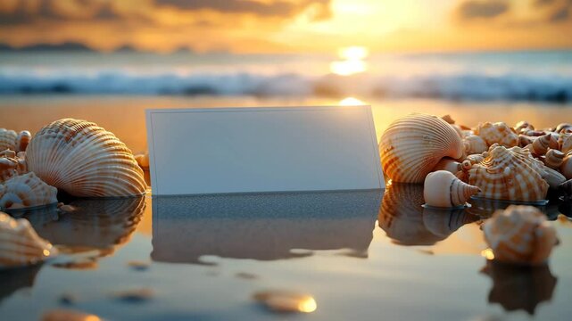 Peaceful seashore scene with a blank card and shells at sunset
