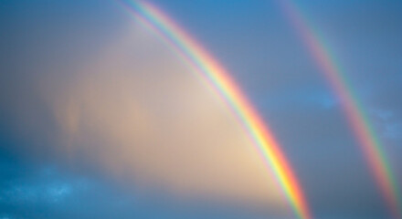 A vibrant double rainbow arching across a cloudy sky with soft light and subtle color gradients